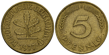 ФРГ 5 пфеннигов 1977 J J.382, KM 107 сталь плакированная латунью    4598-1015