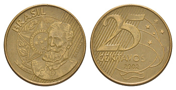 Бразилия 25 сентаво 2002 KM 650 сталь плакированная латунью 4648-1212