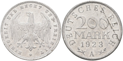 Германия 200 марок 1923 A KM 35, J. 304, Weege 22 алюминий UNC 4586-225