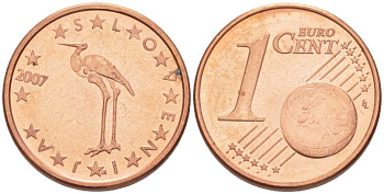 СЛОВЕНИЯ 1 ЕВРОЦЕНТ 2007 БЕЛЫЙ АИСТ KM 68 сталь плакированная медью UNC 214-422