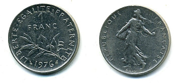 ФРАНЦИЯ 1 ФРАНК 1976 СЕЯТЕЛЬ KM 925.1 никель 59-1125