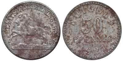 Германия, Брауншвейг 50 пфеннигов 1921 Нижняя Саксония, нотгельд J.N6 железо 4121-524