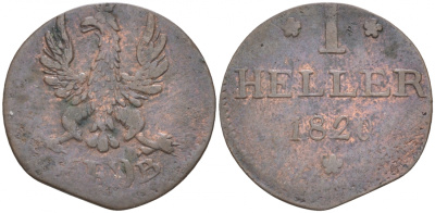 Франкфурт 1 геллер 1820 GB AKS 30, Jaeger 10, KM 301 медь 73-621