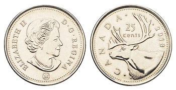 Канада 25 центов 2018 Leaf, Елизавета II (1952-2022), олень KM 493 сталь плакированная никелем UNC 110-724