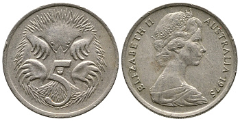 АВСТРАЛИЯ 5 ЦЕНТОВ 1975 ЕЛИЗАВЕТА II, МОЛОДОЙ ПОРТРЕТ, ЕХИДНА KM 64 медно-никель 84-435