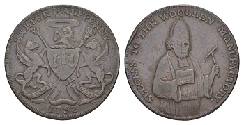 Великобритания, Дэвон, Эксетер 1/2 пенни 1792 шерстяная мануфактура, гурт KINGDON, токен Dalton & Hamer 3 медь 3711-335