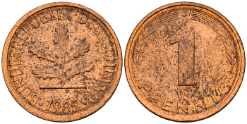 ФРГ 1 пфенниг 1985 J KM 105, J. 380 сталь плакированная медью    4598-636