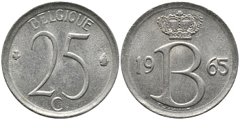 Бельгия 25 сантимов 1965 Belgique, Бодуэн I (1951-1993) KM 153.1 медно-никель 99-1169