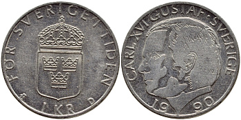 Швеция 1 крона 1990 Карл XVI Густав (1973- ) KM 852a медно-никель 4398-1221