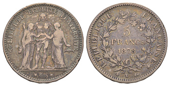 Франция 5 франков 1878 K, Геркулес KM 820 серебро 413-332