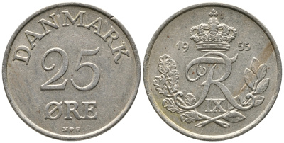 Дания 25 эре 1955 N; S, Фредерик IX (1947-1972) KM 842.1 медно-никель 28-1121