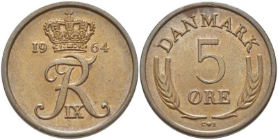 ДАНИЯ 5 ЭРЕ 1964 C;S, ФРЕДЕРИК IX (1947-1972) KM 843,2 бронза 202-716