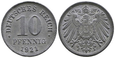 ГЕРМАНИЯ 10 ПФЕННИГОВ 1921 KM 26, J. 299 цинк 4364-635