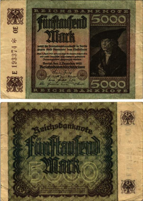 ГЕРМАНИЯ 5000 МАРОК 1922 2 ДЕКАБРЯ 1922, ВОДЯНОЙ ЗНАК Е, G/D В ЗВЁЗДАХ, СЕРИЯ ОЕ, НОМЕР ШЕСТИЗНАЧНЫЙ Pick 81a, Rosenberg 106l бумага 8616-16-2-1