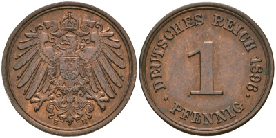 Германия 1 пфенниг 1896 E, Вильгельм II (1888-1918) KM 10, J. 10 медь 1524-542