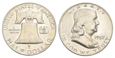 США 1/2 доллара (50 центов) 1957 Бенджамин Франклин, колокол KM 199 серебро  aUNC  4653-113