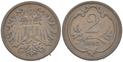 АВСТРИЯ 2 ГЕЛЛЕРА 1897 ФРАНЦ ИОСИФ (1846-1918) KM 2801 бронза 3955-661
