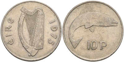 Ирландия 10 пенсов 1973 лосось KM 23 медно-никель 88-732