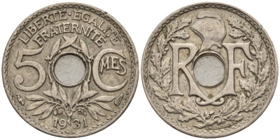 Франция 5 сантимов 1931 тип Линдайё KM 875, Le Franc 122.14 медно-никель 4596-616