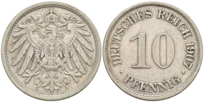 Германия 10 пфеннигов 1907 A KM 12, Jager 13, Weege 8 медно-никель 219-131