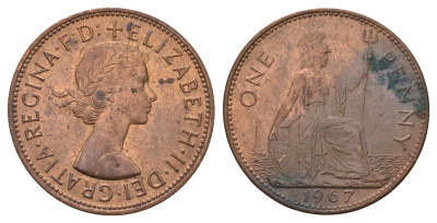 Великобритания 1 пенни 1967 Елизавета II (1952-2022) KM 897, Spink 4157 бронза 221-941