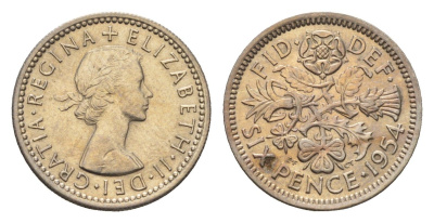 Великобритания 6 пенсов 1954 Елизавета II (1952-2022) KM 903 медно-никель aUNC 4697-961