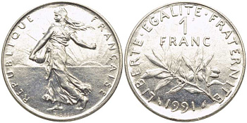 ФРАНЦИЯ 1 ФРАНК 1991 СЕЯТЕЛЬ KM 925.1, LE FRANC 226.36 никель 175-551