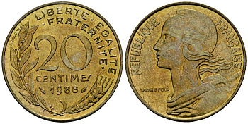 Франция 20 сантимов 1988 тип Marianne KM 930 медь алюминий никель 4135-634
