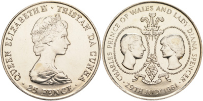 Тристан-да-Кунья 25 пенсов 1981 Королевская Свадьба KM 4 медно-никель UNC 4527-325