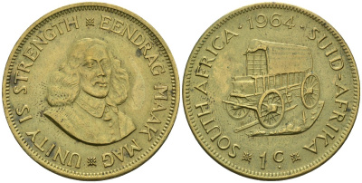 ЮАР 1 цент 1964 повозка, Ян ван Райбек KM 57 латунь 81-524