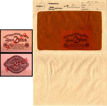 Германия 2 марки 1922 15 сентября, MUSTER, образец, Specimen. В оригинальном банковском конверте. Из коллекции Отто Сейфферта (помощник Ялмара Шахта - министра экономики Германии и президента Рейхсбанка времен третьего рейха) Pick 62 s, Grabowski DEU 196 
