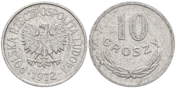 ПОЛЬША 10 ГРОШЕЙ 1972 MW KM АА47 алюминий 187-914