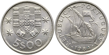 ПОРТУГАЛИЯ 5 ЭСКУДО 1984 ПАРУСНИК KM 591 медно-никель 4388-523