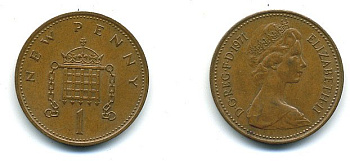 Великобритания 1 пенни 1971 Елизавета II (1952-2022) KM 915, Spink 4237 (B1) бронза 4110-742