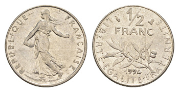 Франция 1/2 франка 1994 сеятель KM 931.1, Le Franc 198.36 никель 4630-422