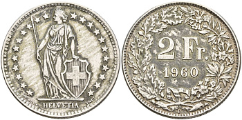 Швейцария 2 франка 1960 KM 21 серебро 4607-541