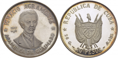 Куба 20 песо 1977 Игнасио Аграмонте (1841-1873) KM 38 серебро PROOF 1077-3-53