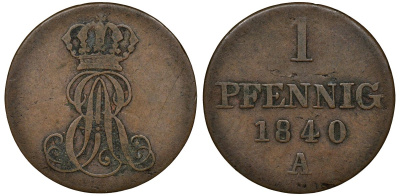 Ганновер 1 пфенниг 1840 A, Эрнст Август (1837-1851) KM 173.1, AKS 126, J. 54 медь 72-1042