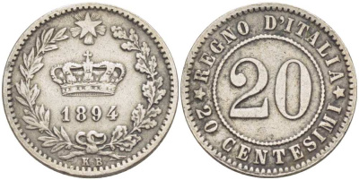 ИТАЛИЯ 20 ЧЕНТЕЗИМО 1894 КВ KM 28.1 медно-никель 210-1036