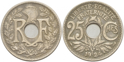 ФРАНЦИЯ 25 САНТИМОВ 1924 KM 867а медно-никель 4402-825