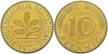 ФРГ 10 ПФЕННИГОВ 1972 G KM 108, J. 383 сталь плакированная латунью 219-446