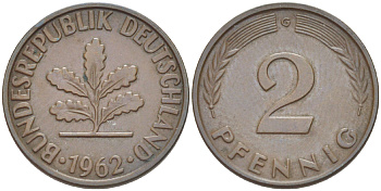 ФРГ 2 ПФЕННИГА 1962 G KM 106, J. 381 бронза 4181-732