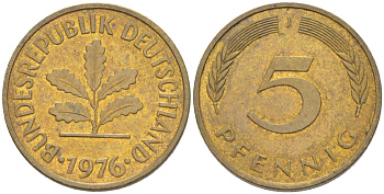 ФРГ 5 ПФЕННИГОВ 1976 J KM 107, J. 382 сталь плакированная латунью 4181-952