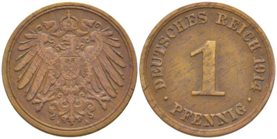 ГЕРМАНИЯ 1 ПФЕННИГ 1914 A KM 10, J. 10, Weege 2 медь 206-441