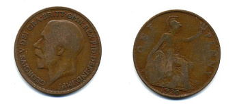 Великобритания 1 пенни 1920 Георг V (1910-1936) КМ 810, Spink 4051 бронза 47-411
