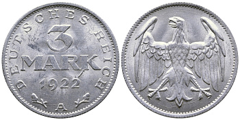 ГЕРМАНИЯ 3 МАРКИ 1922 А KM 28, J. 302 алюминий 4380-646