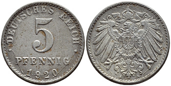 ГЕРМАНИЯ 5 ПФЕННИГОВ 1920 A KM 19, J 297 железо 4396-311