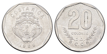 Коста-Рика 20 колонов 1985 год-тип KM 216.2 нержавеющая сталь 4661-1131