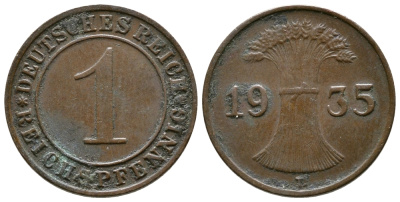 Германия 1 рейхспфенниг 1935 D KM 37, J. 313 бронза 220-123