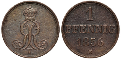 Ганновер 1 пфенниг 1856 B, Георг V KM 221, AKS 155, J. 83 медь 4594-215